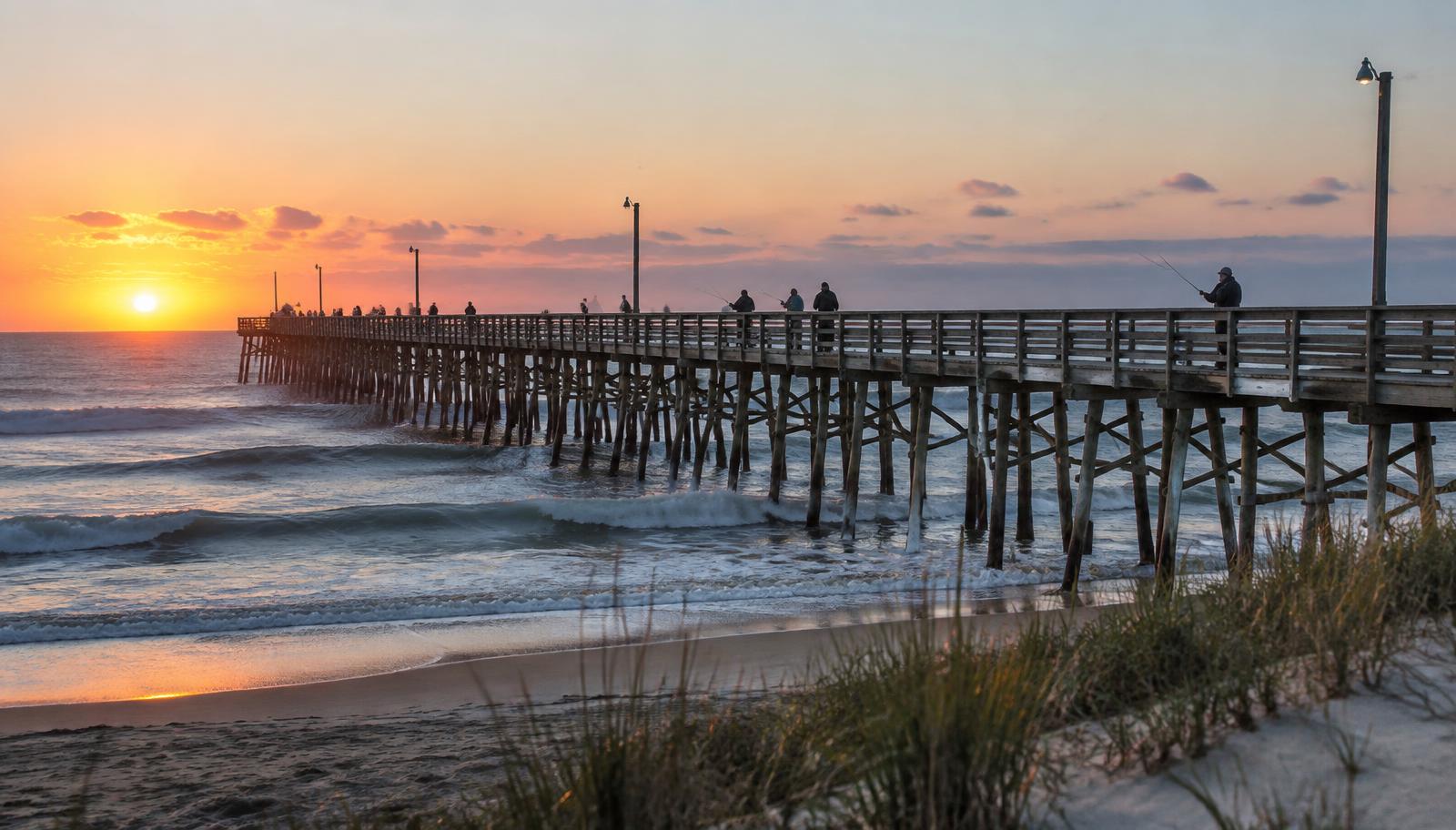 Weathered wooden Avon Fishing Pier stretching into the Atlantic Ocean at sunrise with anglers along the rail on Hatteras Island in the Outer Banks of North Carolina