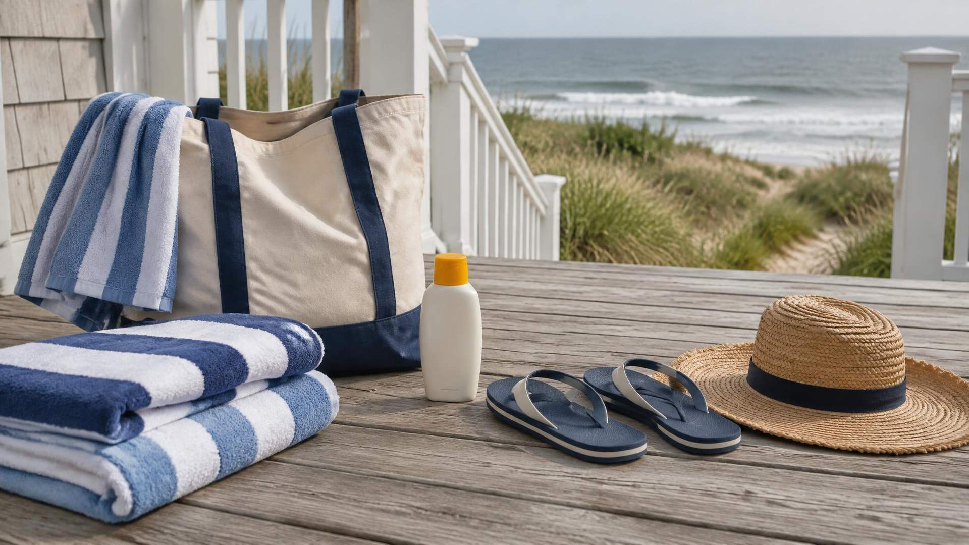 Beach bag, striped towels, sunscreen, sandals and a straw hat on an oceanfront deck